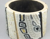 Handcrafted  Wide Bangle - Cream Pearl Black Silver Gold Bracelet 149