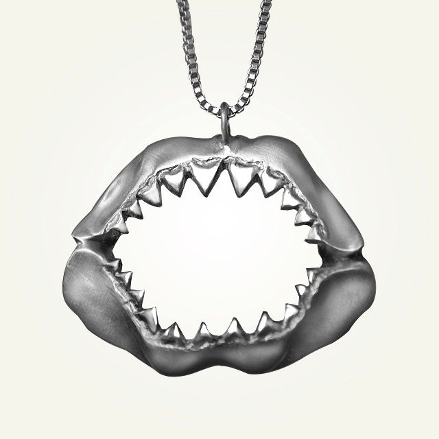 Shark Jaw Necklace, Sterling Silver, Handcrafted, Shark Week, Jaws, Skull, Great White, Unisex, Shorter Chain.