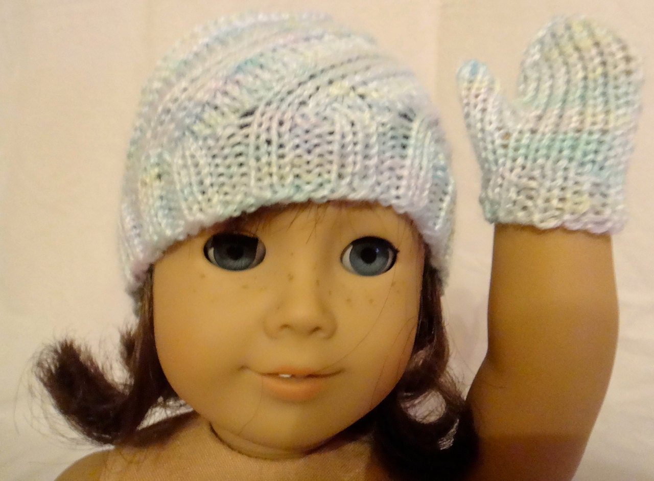 American Girl Doll Mittens Hat Blue Swirl