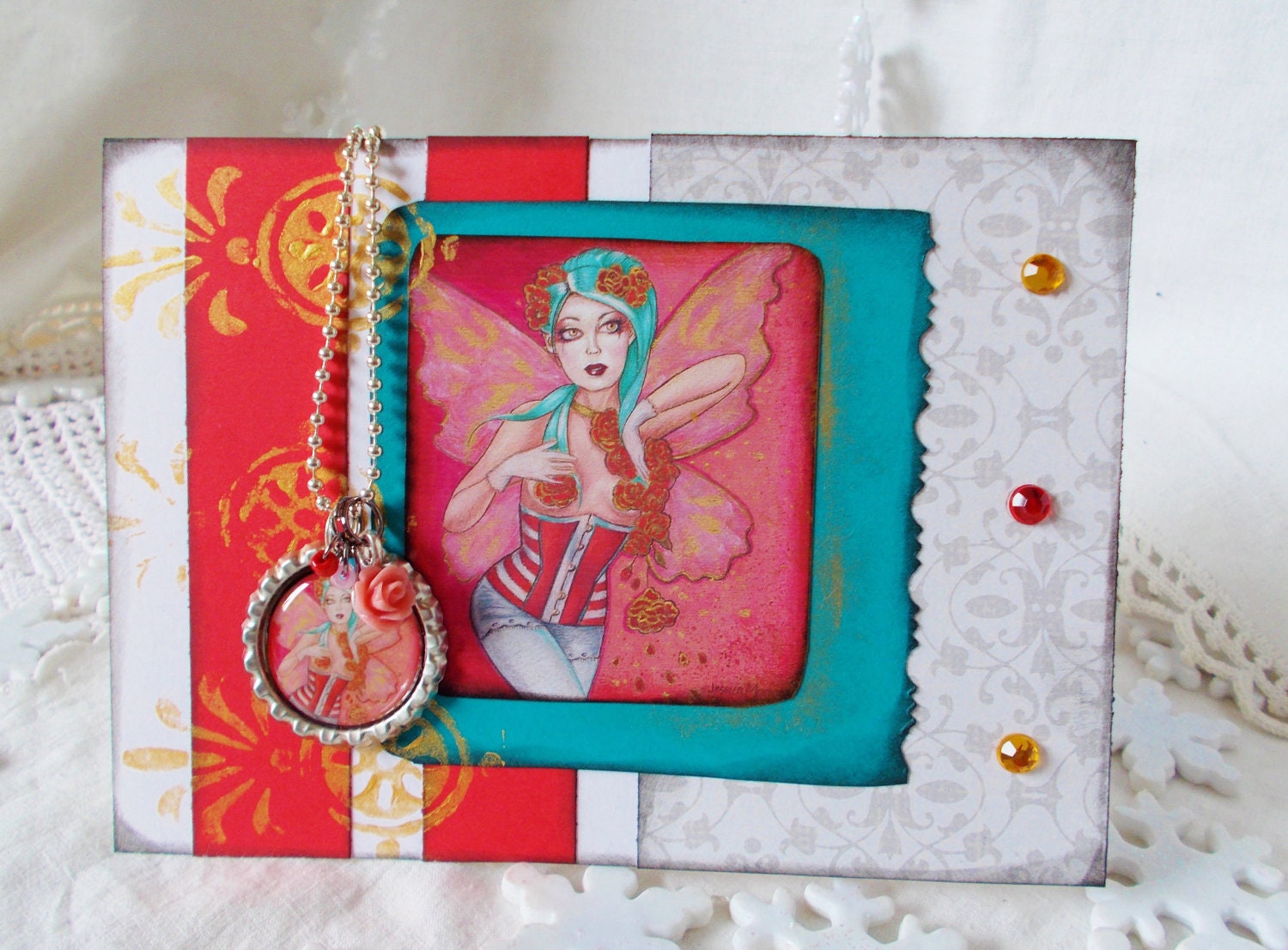 Fairy Bottlecap Necklace with Greeting Card and Gift Box "Rosie"