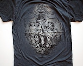 Metal Dudes on Heather BLACK UNISEX 50/50 ringspun-cotton polyester shirt. multi-process screenprint