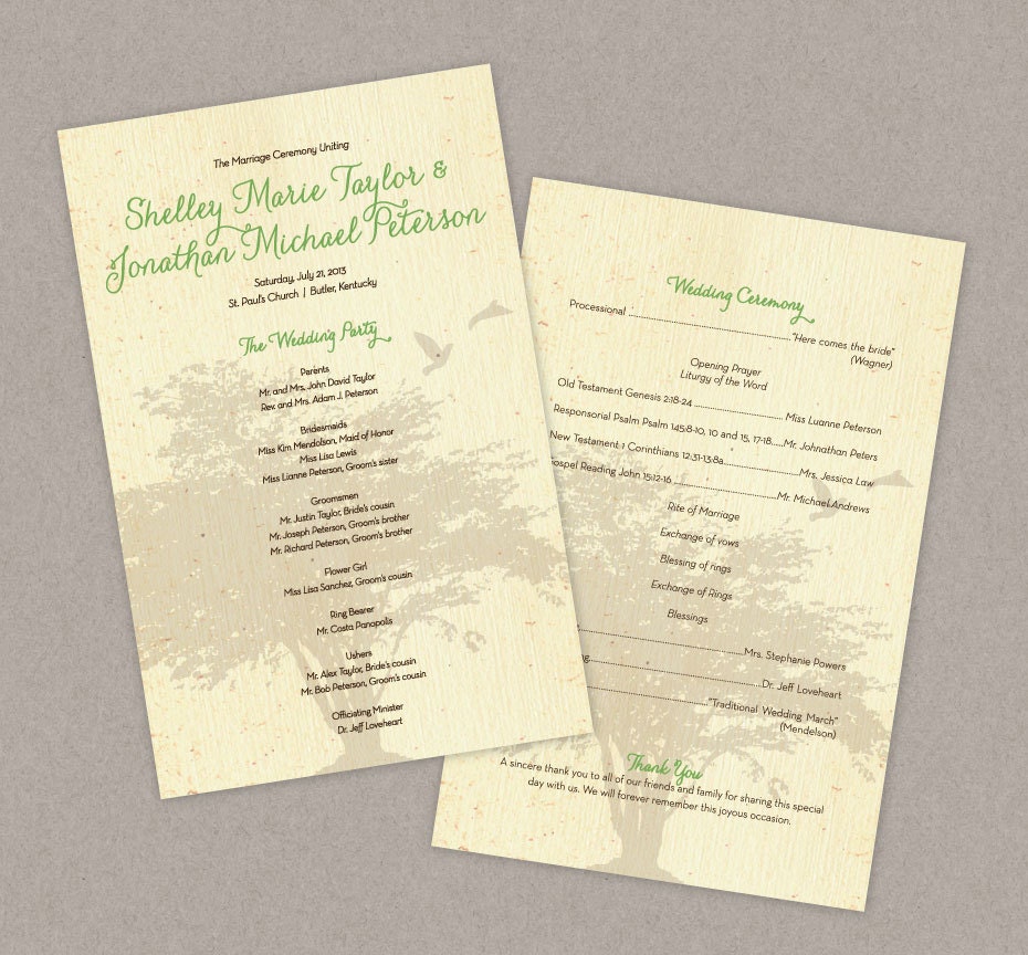 DIY Custom Wedding Program Card  - Rustic Oak Tree Design Customized Printable PDF