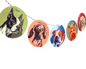 Vintage Paint By Number Dog Garland, photo reproductions on felt, Boston Terrier, Dachshund, Bulldog, Yorkshire Terrier, Lhasa Apso