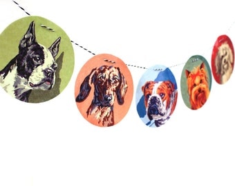 Vintage Paint By Number Dog Garland, photo reproductions on felt, Boston Terrier, Dachshund, Bulldog, Yorkshire Terrier, Lhasa Apso