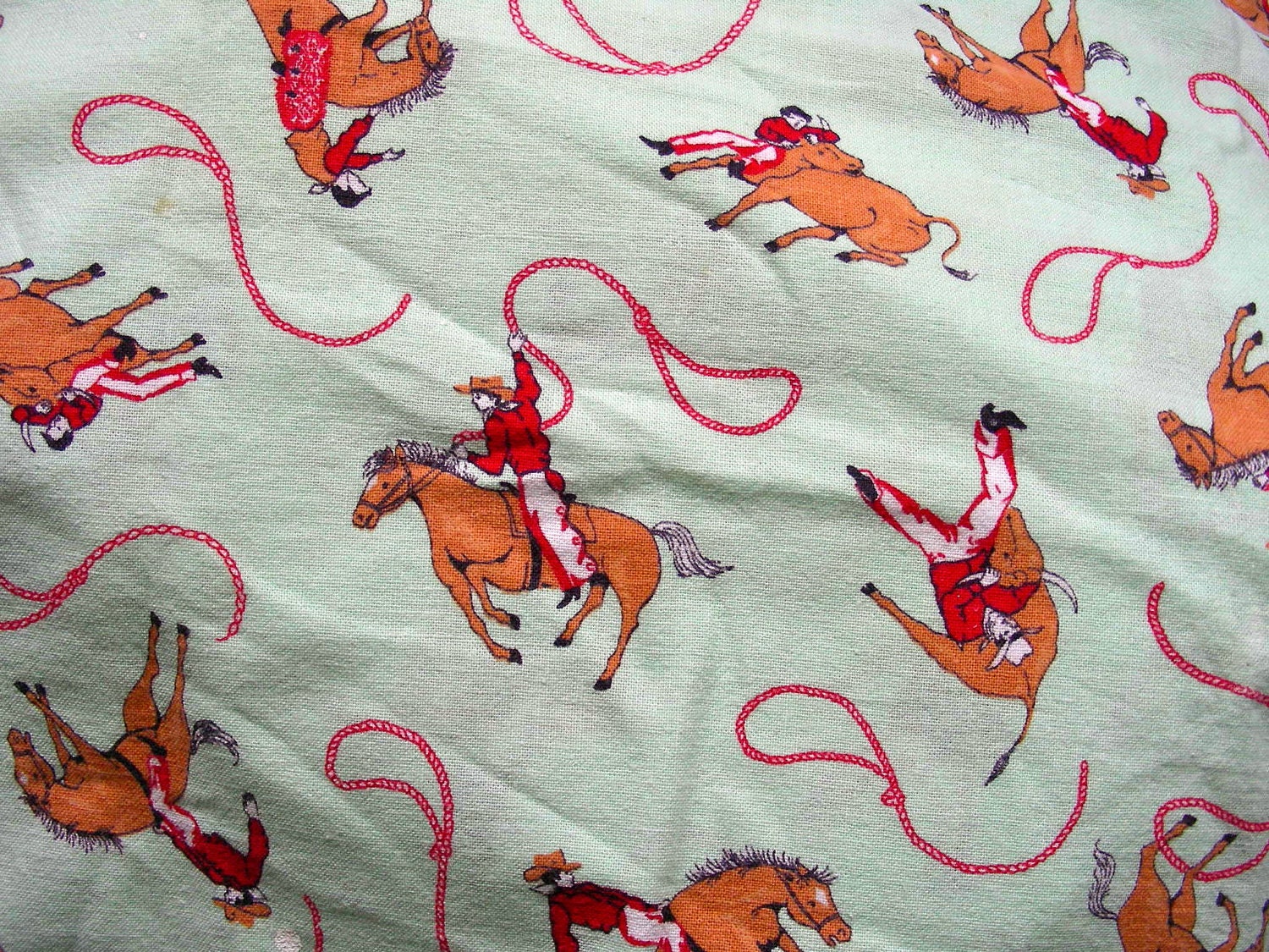 Vintage Cotton Feedsack FEED Sack Fabric -  -  Pale GREEN Background with Cowboys & Horses- 36 x 44