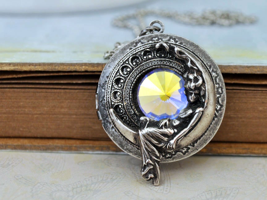 MOONLIT vintage Swarovski crystal glass jewel locket necklace in antique silver
