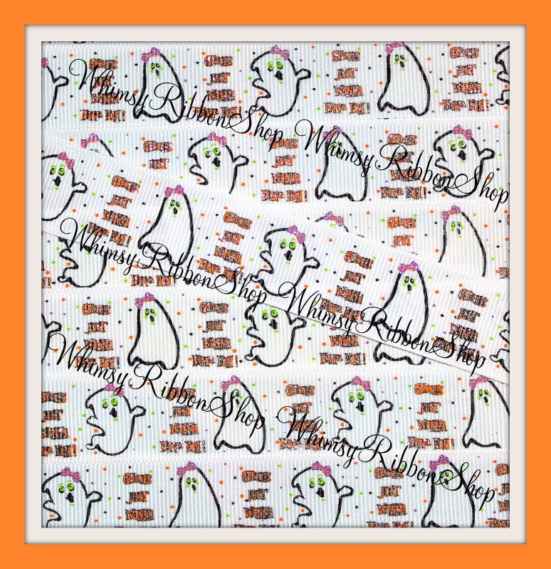 NEW 3 Yards 7/8 HALLOWEEN white girl Ghosts Ghouls dots orange black purple on WHITE Grosgrain Ribbon sewing clips hair bows Glitter