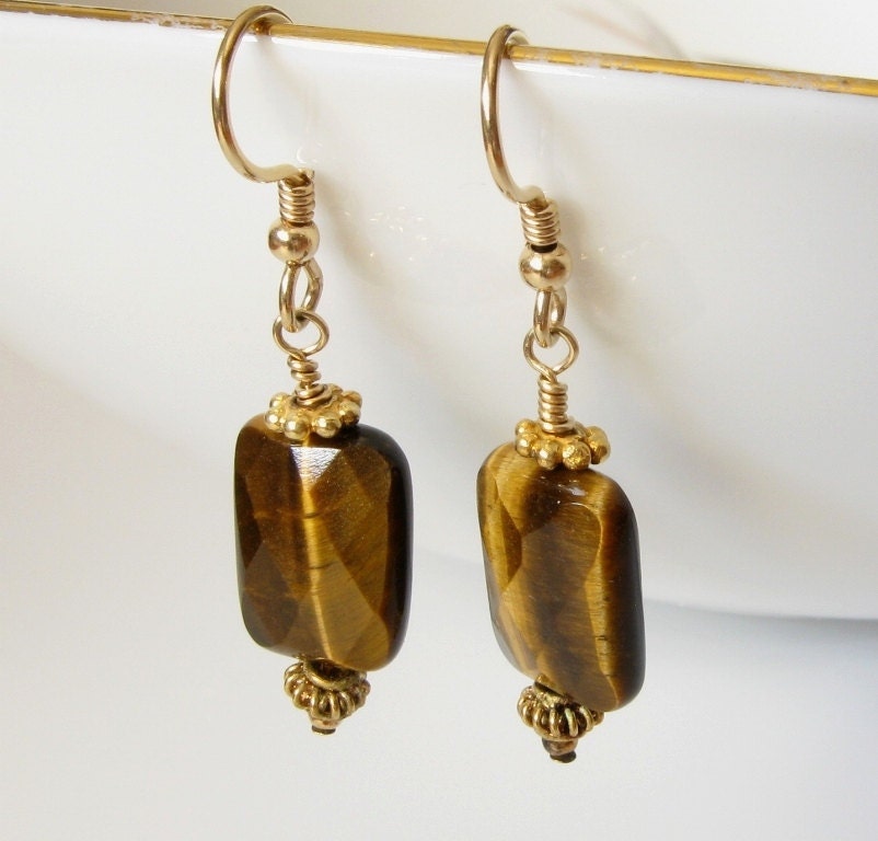 14K GF brown tiger eye dangle earrings on Etsy