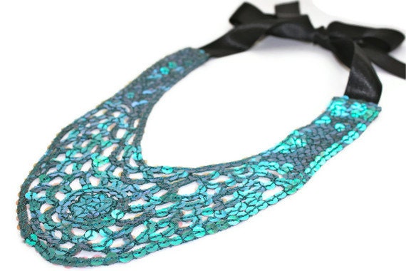 Stunning Turquoise Sequinned Bib Statement Necklace with Black Ribbon - fleurelisedesigns