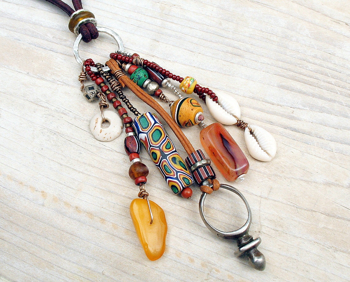 Ethnic Tribal Vintage Assemblage Necklace on Brown Leather Cord African Trade Beads Traditional Money Talisman