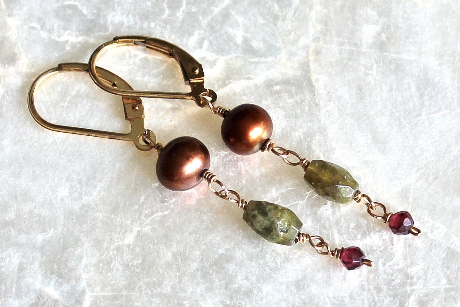 ON SALE - Chocolate Pearls, Grossular Garnet, Rhodolite Garnet, and 14kt Yellow Gold Fill Earrings - Ready to Ship