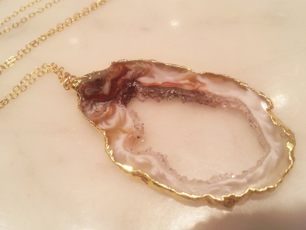 Agate Geode Slice Pendant Necklace in Gold