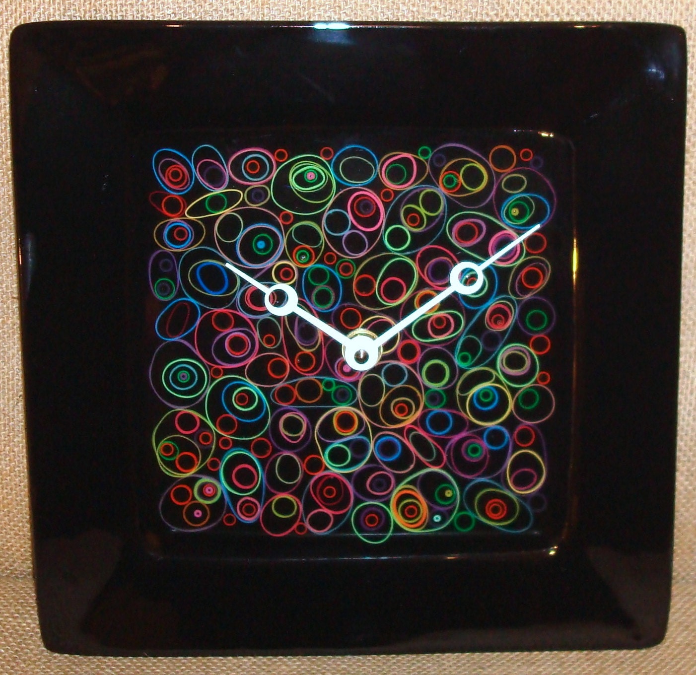 Wall Clock -  Funky Bright Rubberband Pattern on Black Ceramic Plate Wall Clock No. 936 (10 inches)