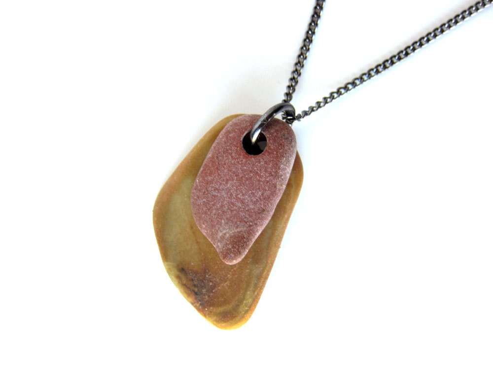 Zen style natural stone necklace handmade from naturally colorful beach stone. "Red on Orange - 011"