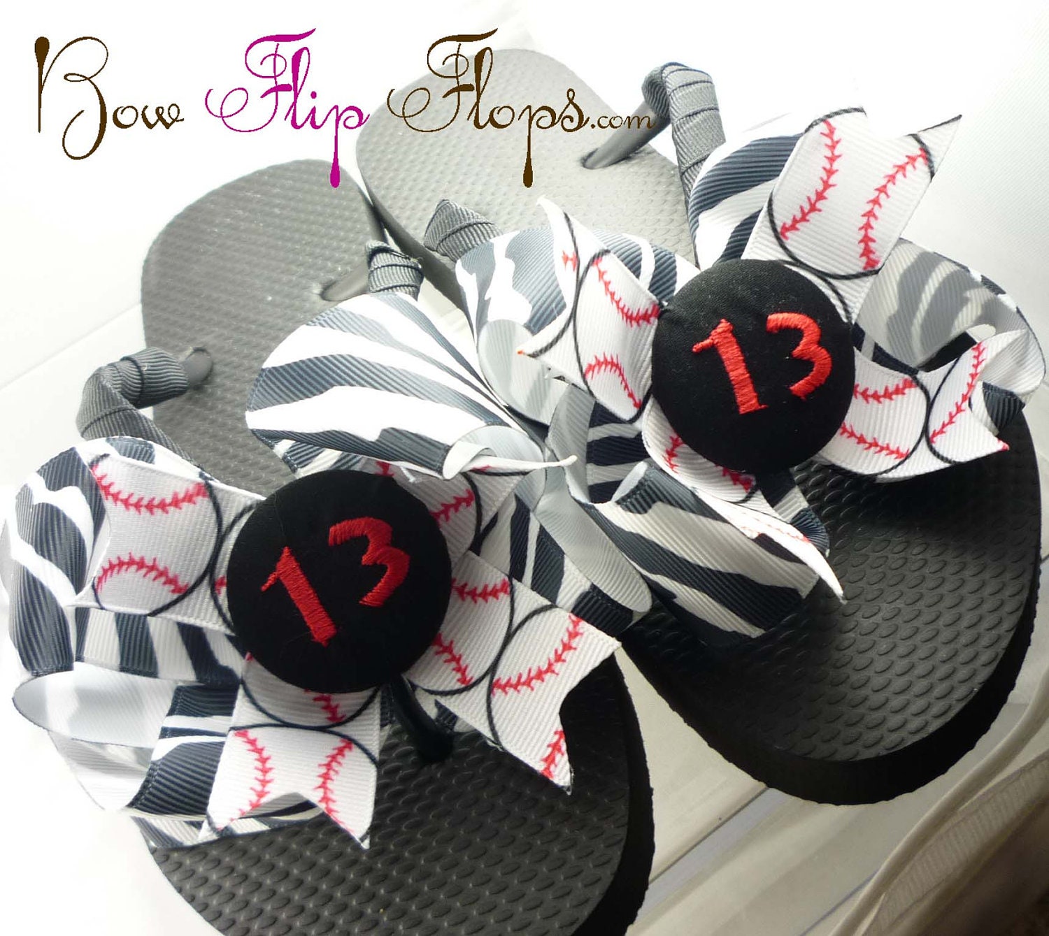 Baseball Flip Flops Bow Number Softball  Monogrammed Mom Girl Boutique Sports Ribbon Flip Flops choose your ribbon and team colors