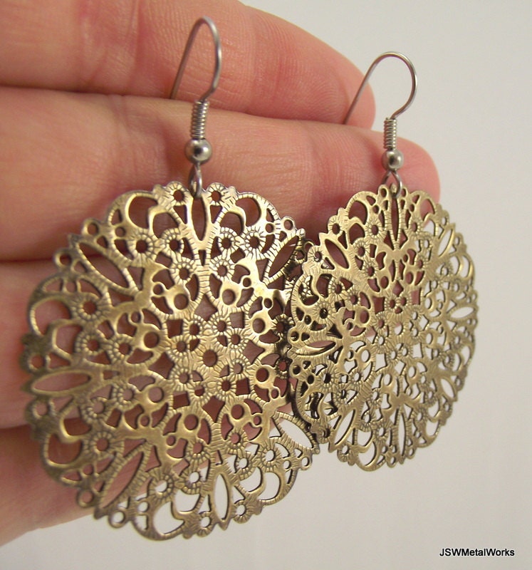 Round Antiqued Brass Filigree Earrings, Brass Earrings