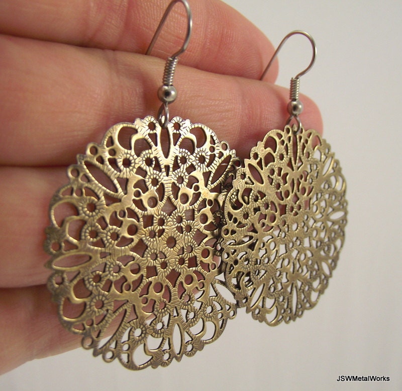 Round Antiqued Brass Filigree Earrings, Brass Earrings