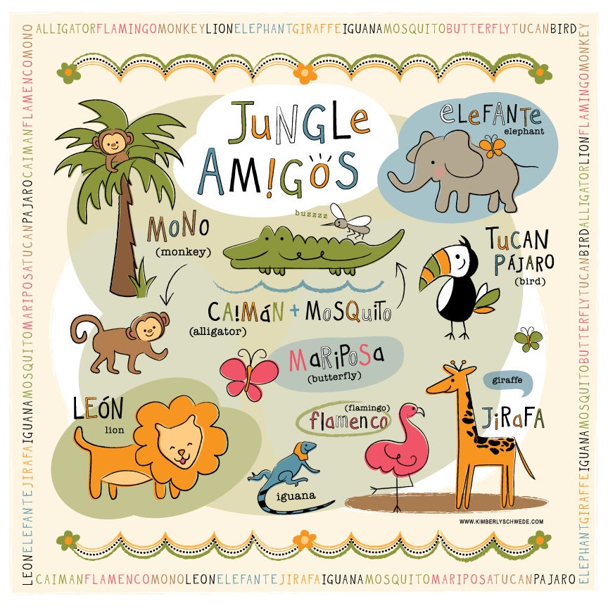 Jungle Animal Bilingual Canvas Wall Art for Children
