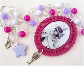 Mephisto Pheles Choker, Oval Cameo Necklace, Beaded Pink and Purple Chain in Silver - Anime