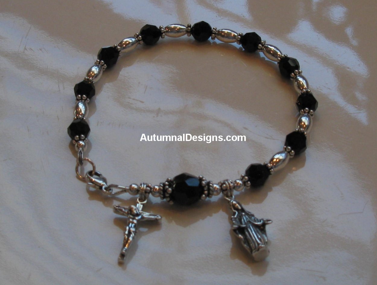 1 Decade Rosary Chaplet Bracelet, sterling silver, jet Swarovski Crystals