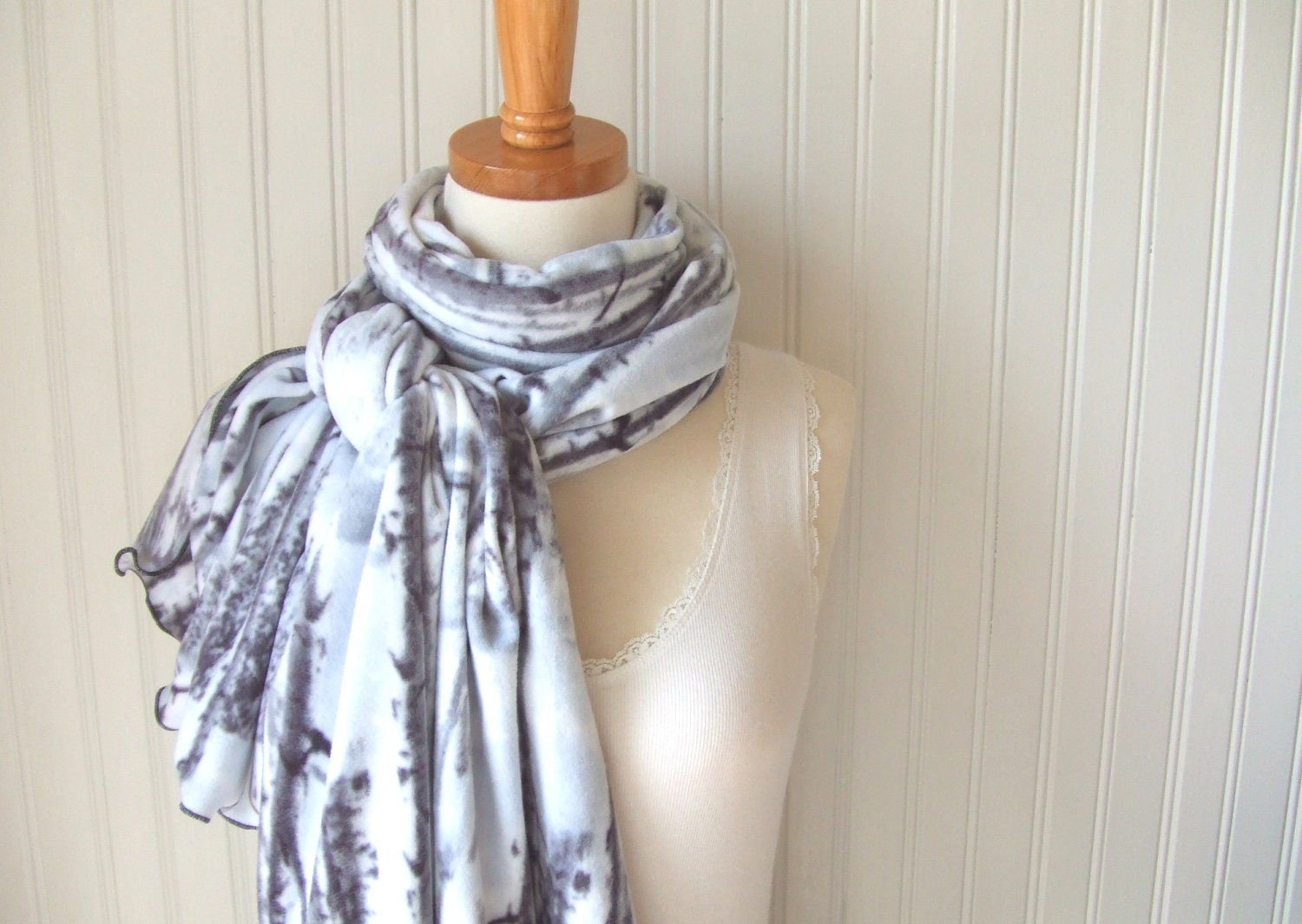 Winter Birch Fleece Scarf - Ultra Soft Charcoal Gray, Light Grey Autumn Fall Cowl, Winter Fashion - JANNYSGIRL