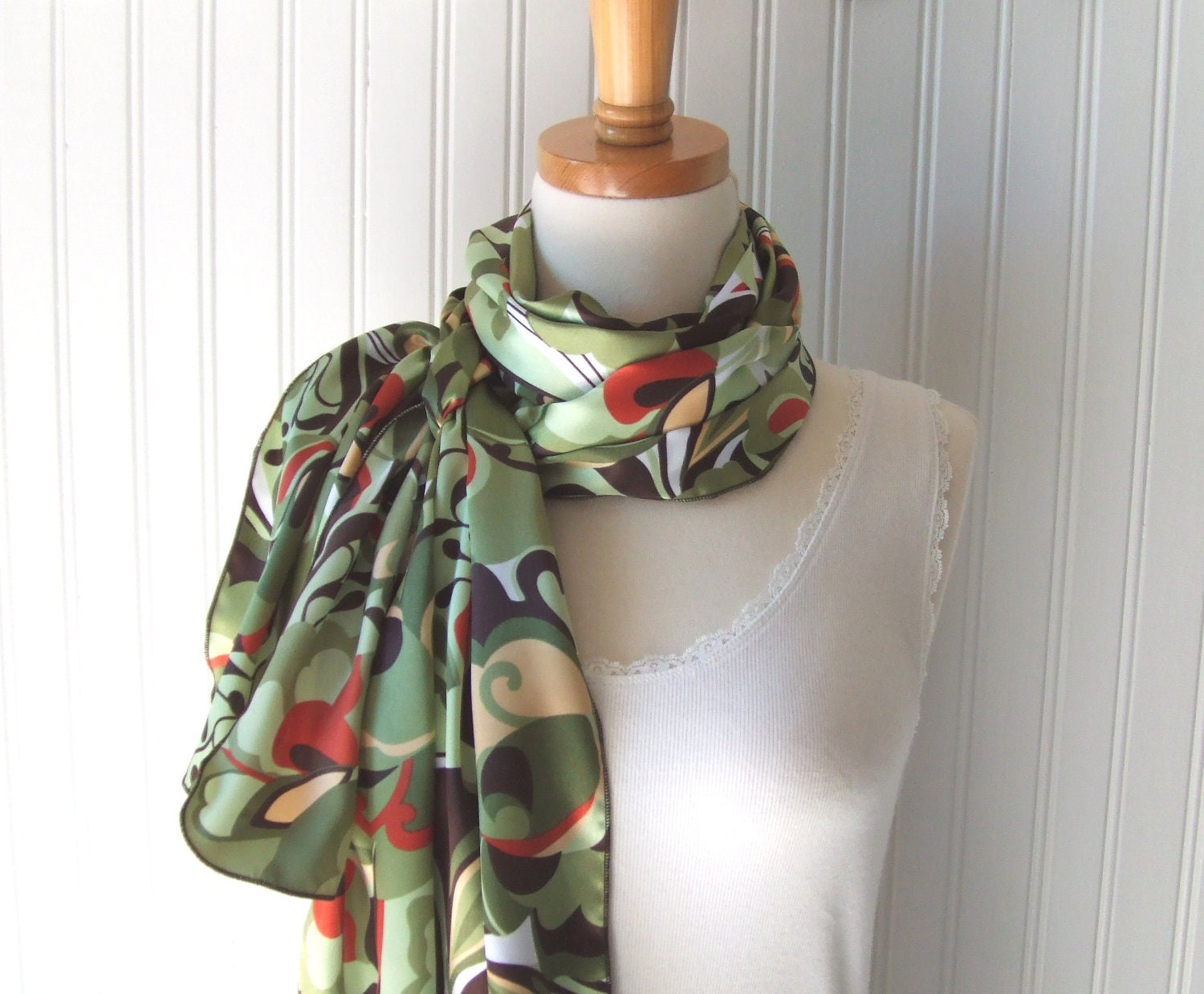 Autumn Greens Silky Floral Scarf in French Roast, Olive Green and Tangerine - Fall Fashion