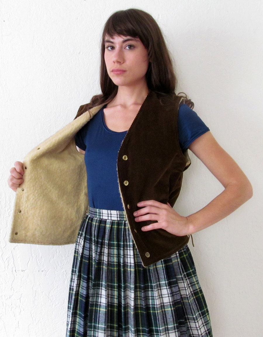 Vintage Faux SHEEPSKIN CORDUROY Vest with Rawhide Ties M