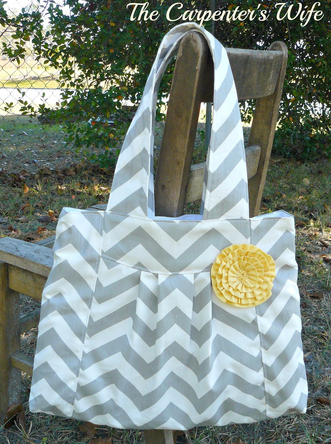The Holly Gray Chevron,  pleated Diaper Bag with YeLLoW  rosette