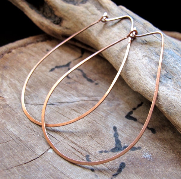 Tear Drop Hoop Earrings - Extra Large Teardrop Hoops - Copper Hammered Ear Wires 2 / 2.25 inch