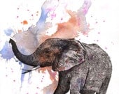 Elephant Animal Art Print From Original Watercolor Painting 8 x 10 in Art Print Great Baby Nursery Wall Art
