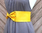YELLOW  Bow Tie Belt, mustard leather, yellow belt, dress sash, gift for her, waist belt', leather belt, obi, sash