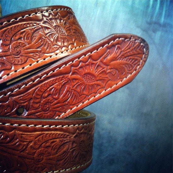 Leather belt for men and woman, 1.5" wide belt , gift for him, man gift, holiday gift for him,  Floral Western Belt , Brown Belt