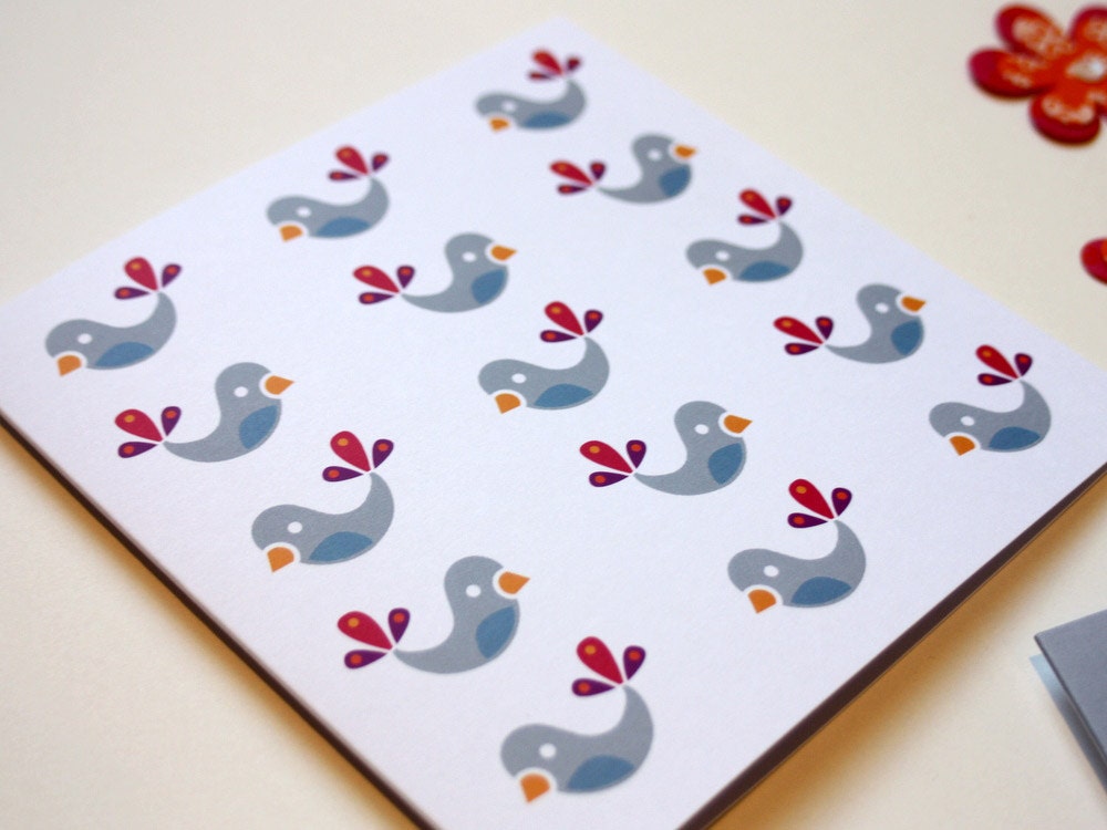 Baby Birds folded square card - soft grey or snowy white with smoky blue grey, cherry red, gold, purple feathers - original Irish design