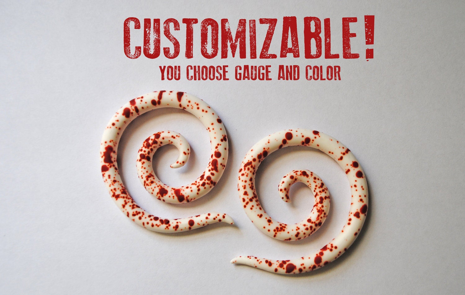 Dexter Blood Splatter Spiral Polymer Clay Gauged Earrings 2g, 0g, 00g, 7/16" 1/2"