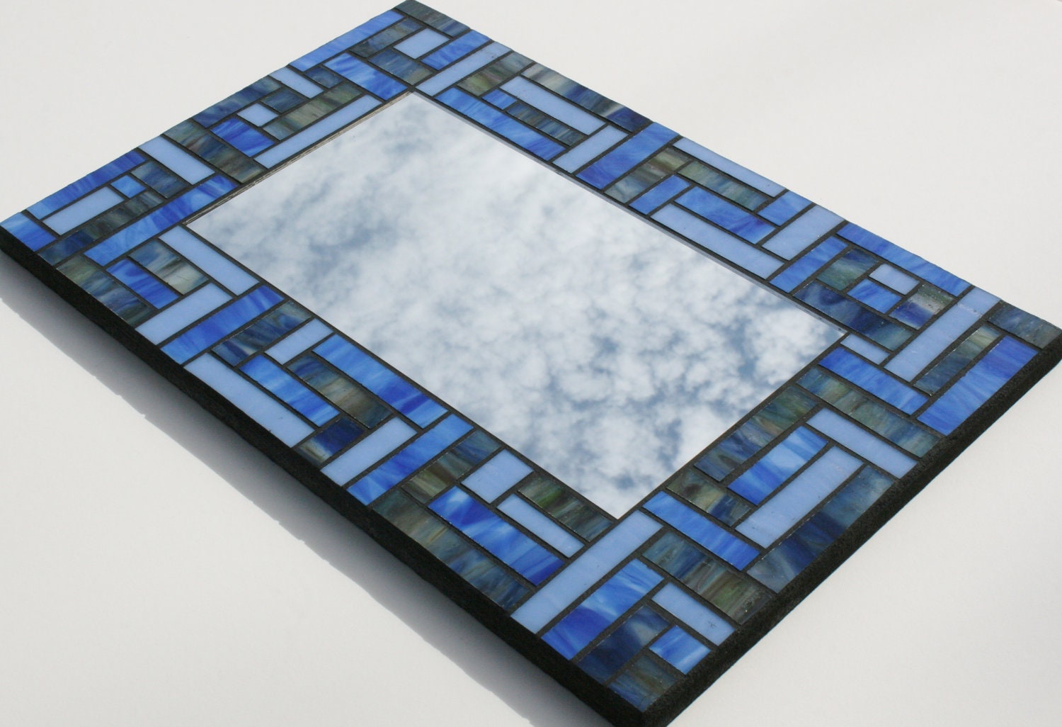 Stained Glass Mosaic Mirror in Woodland Blues 12" x 18"