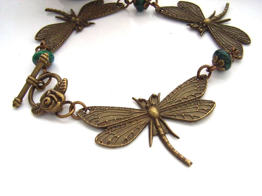 Steampunk style bronze tone dragonfly charm bracelet