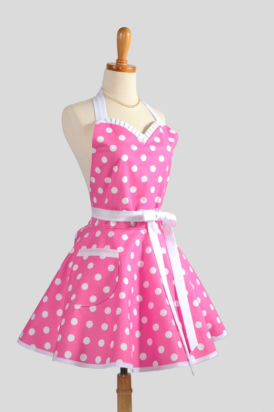 Reserved for CAT Sweetheart Retro Apron - Sexy Womens Apron Hot Pink and White Polka Dot Cute Full Kitchen Apron