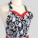 Womens Flirty Sweetheart Apron : Retro Ruffles in Sexy Damask with Cherry Red and White Accents
