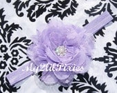 SALE- Vintage Inspired- Lavender Chiffon Lace Flower With Rhinestone Pearl Center on Soft Stretch headband-Newborn thru Toddler- Photo Prop