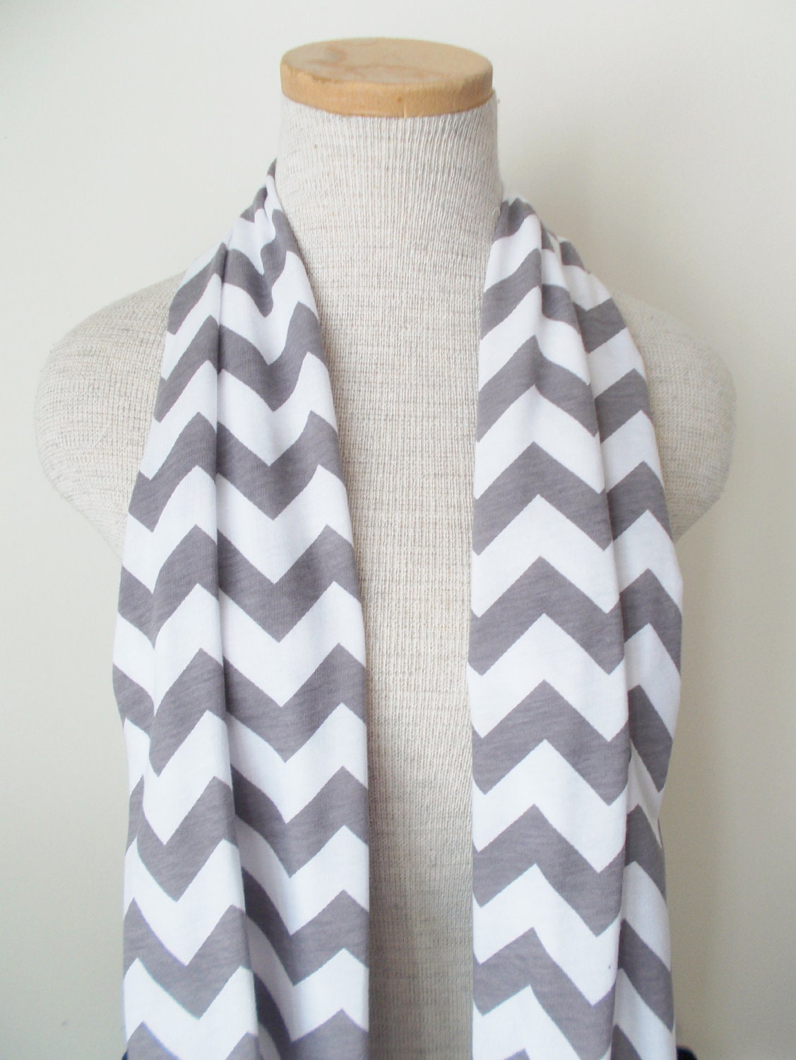 Chevron Infinity Scarf - Jersey Knit - Grey and White