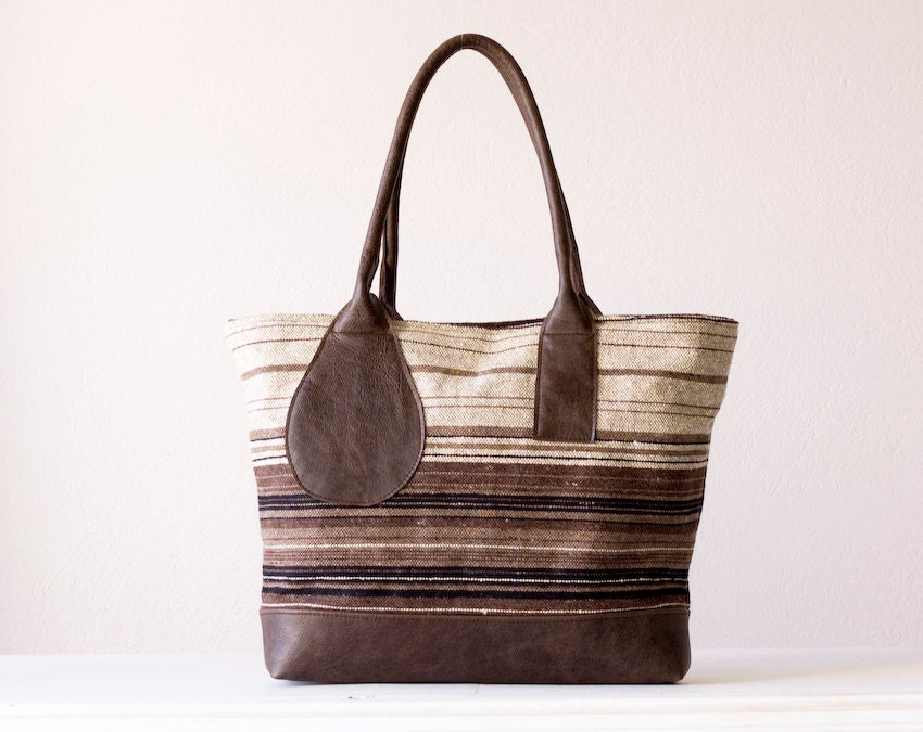 Tote bag , shoulder bag  in  cotton beige brown stripe canvas and Brown leather - Kallisto bag
