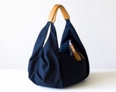 Large hobo bag , slouch bag , hobo bag  in dark blue cotton canvas and light brown leather - Kallia bag