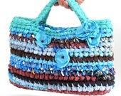 Crocheted Handbag / Purse with flowers ... Blue, turquise and brown ... Eco friendly ... OOAK