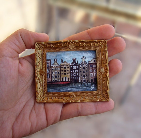 Miniature Original Acrylic Painting "Old Amsterdam" with Gold Frame