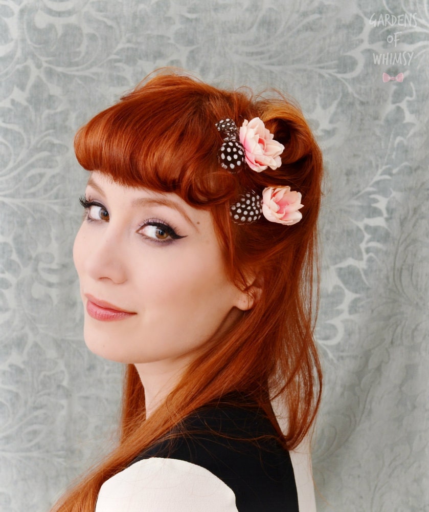 Hair accessories, flower bobby pins, pink blossom clips, wedding accessory - polka dot blooms