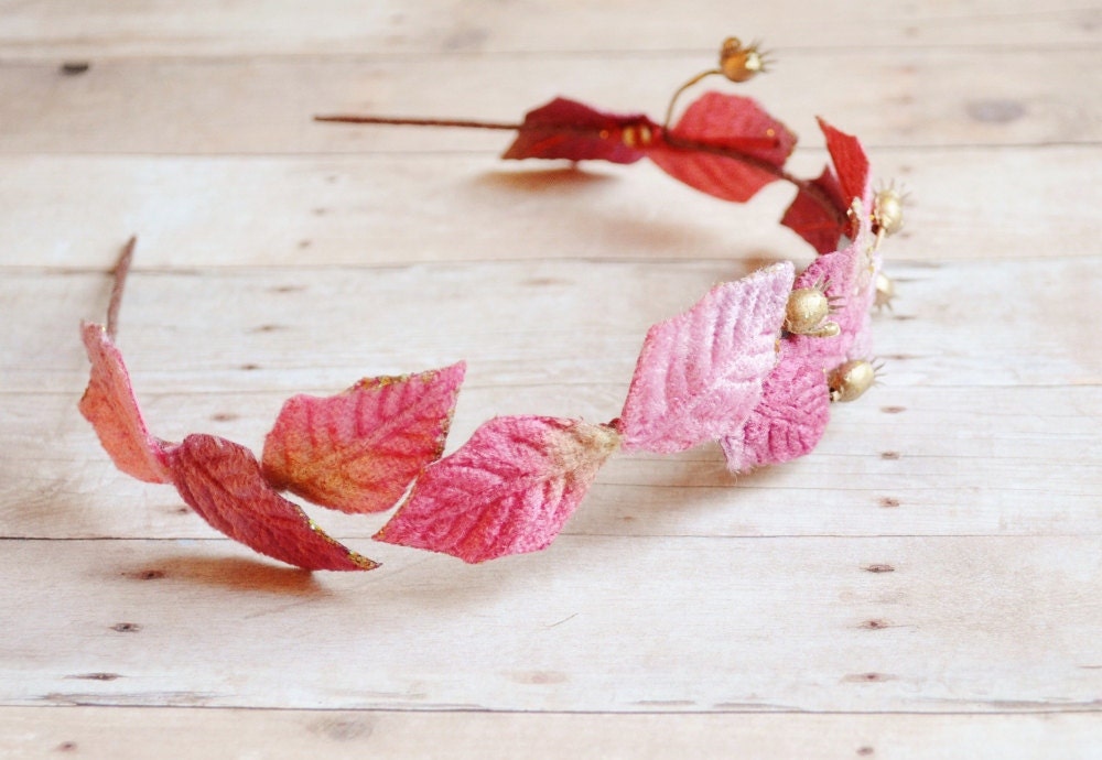 Pink hair crown, velvet leaf headband, vintage head piece, hair accessories