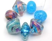 Handmade lampwork beads  -  Eclectics in Aqua and Pink  -  ocean blue, violet, silver rich glass, loose glass beads