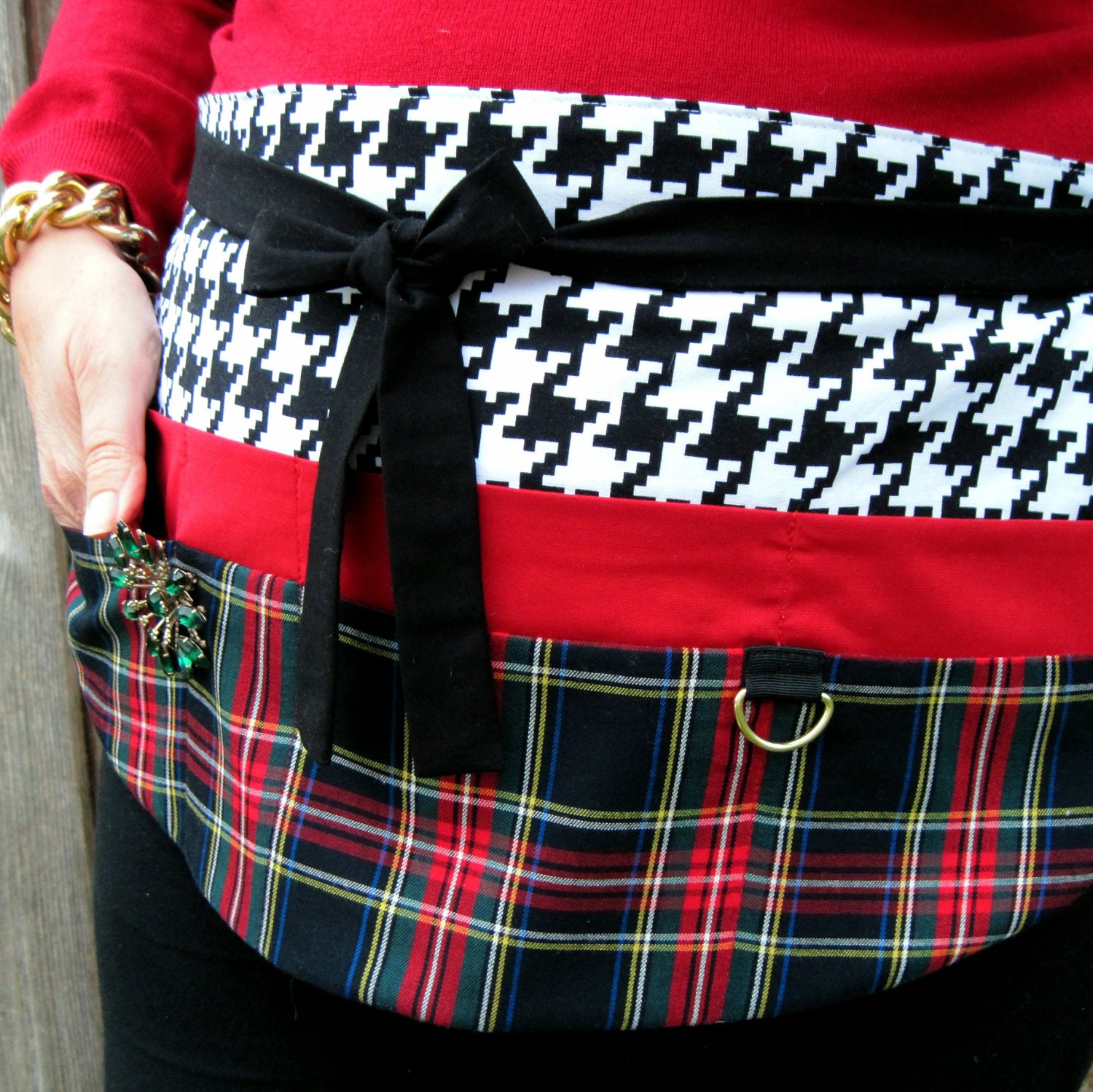 Traditional Sassy Tartan Plaid Eight Pocket Utility Apron with Houndstooth, Stylist, Roadie, Rocker, Vendor, Teacher