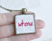 Whore Necklace red white brass gold tone hand embroidered funny naughty gag gift