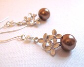 Copper Pearl and Flower Dangle Earrings - Holiday Party Festive Earrings